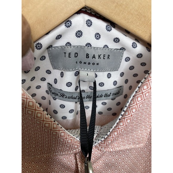 TED BAKER Men's Slim Fit GEO Print Short Sleeve Shirt Size 1 (XS) NWT Orange - Picture 10 of 10